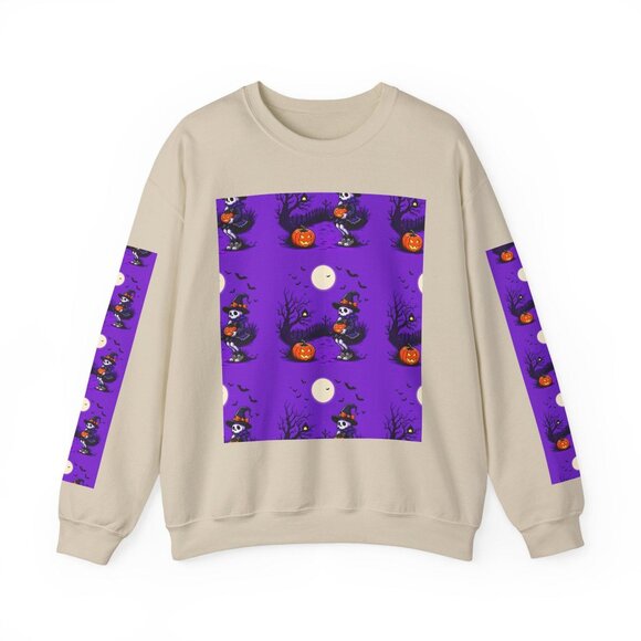 Halloween Crewneck Sweatshirt: Whimsical Pumpkin Skeleton Design
